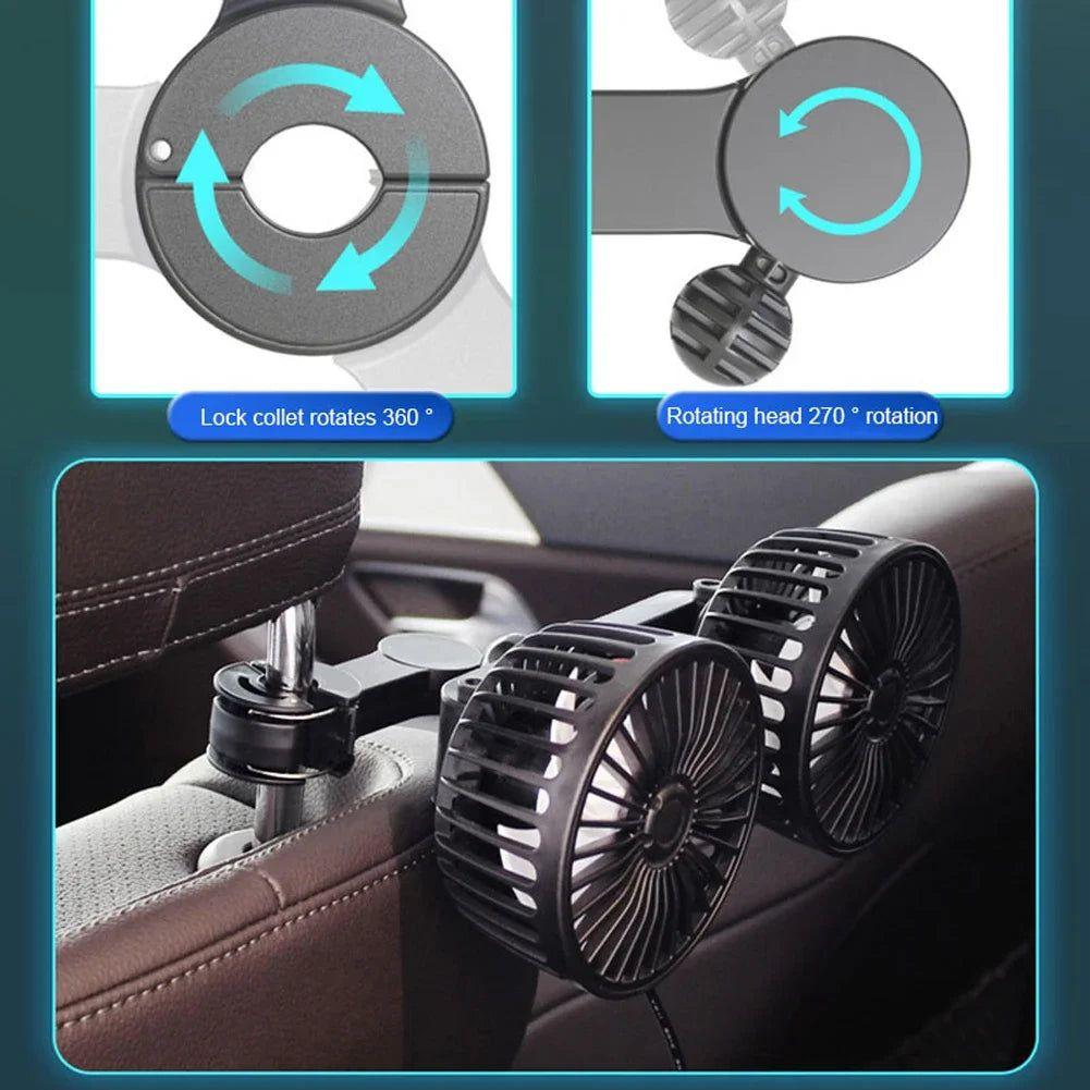 Car Seat Back Cooling Fan USB Charge Dual Head Fan 360 Degree Rotation Auto Headrest Ventilation Fan Neck Cooler for Vehicle SUV