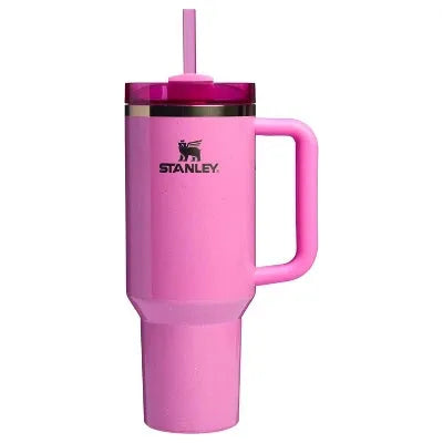 Pink 40oz stainless steel tumbler with handle and straw