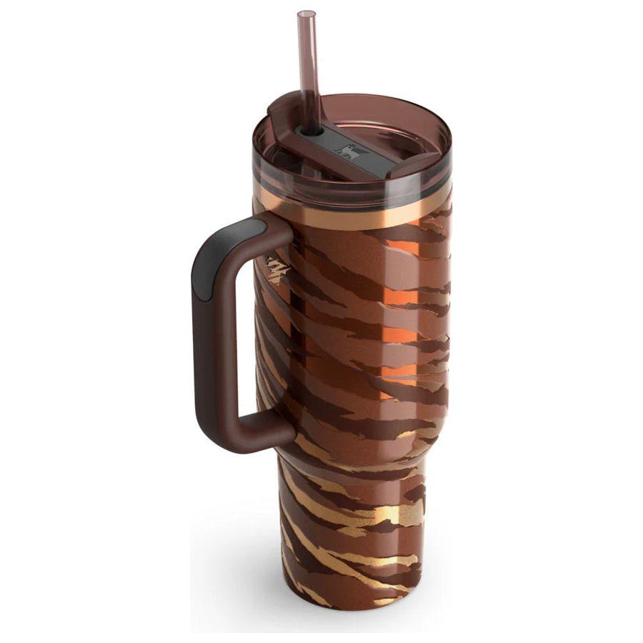 Tyger Quencher H2.0 40oz stainless steel tumbler with handle and bronze tiger pattern